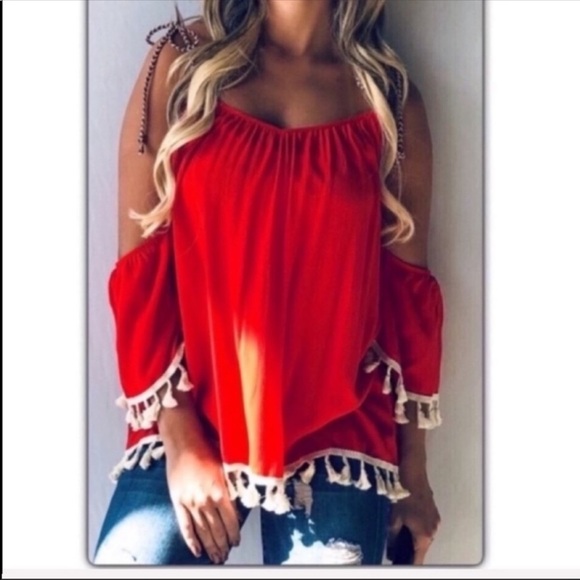Red Tasseled Cold Shoulder Spaghetti Str… - Picture 2 of 4